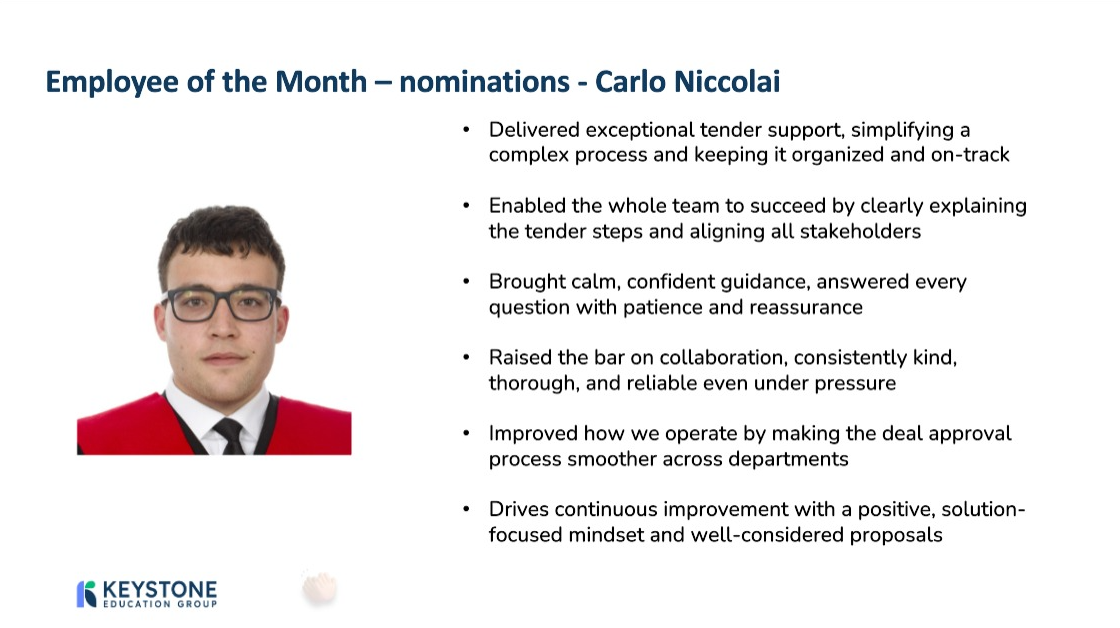 Employee of the Month nomination slide for Carlo Niccolai